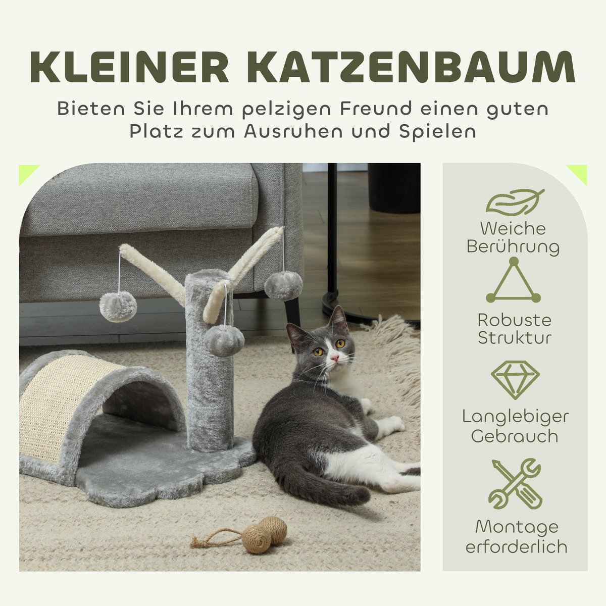 Kattenboom, 40 cm: kleine kattenboom met grot, 2 speelballen, krabmat, krabpaal, klimboom, voor kleine en grote katten, lichtgrijs – foto 6