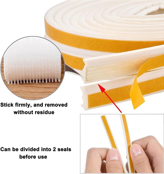 tochtstopper voor deuren en ramen, zelfklevend, anti-botsingsrubber, E-type, schuimafdichtingstape, rubberen geluidsisolatie voor tochtstopper voor deur, raam, wit, E-9 x 4-10 m) — afbeelding 3