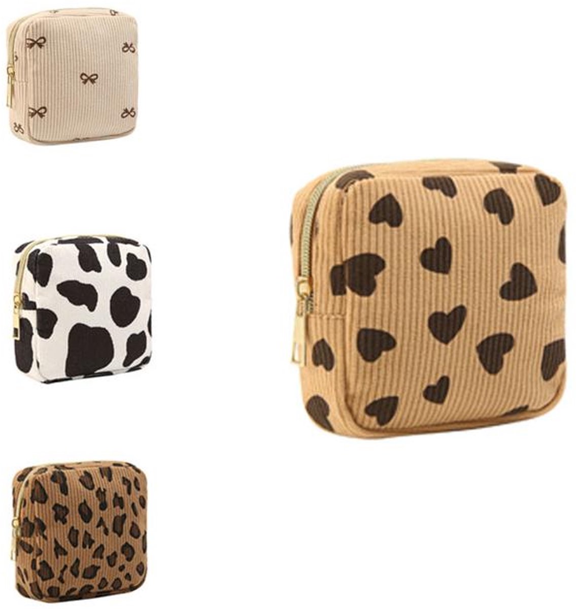 KZQ Mini Make-up Tasje - Corduroy materiaal met strik en ritssluiting - Compact en draagbaar, perfect voor het opbergen van cosmetica, maandverband, etc. - Ideaal voor op reis en dagelijks gebruik - Bruin