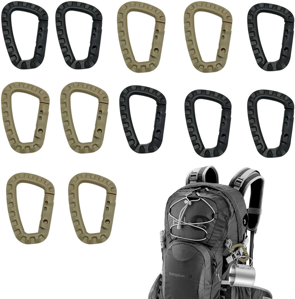 kunststof karabijnhaken set 12 stuks – lichtgewicht haakclips 84x56mm – zwart en khaki – duurzaam en veilig voor kamperen, wandelen, fietsen, reizen