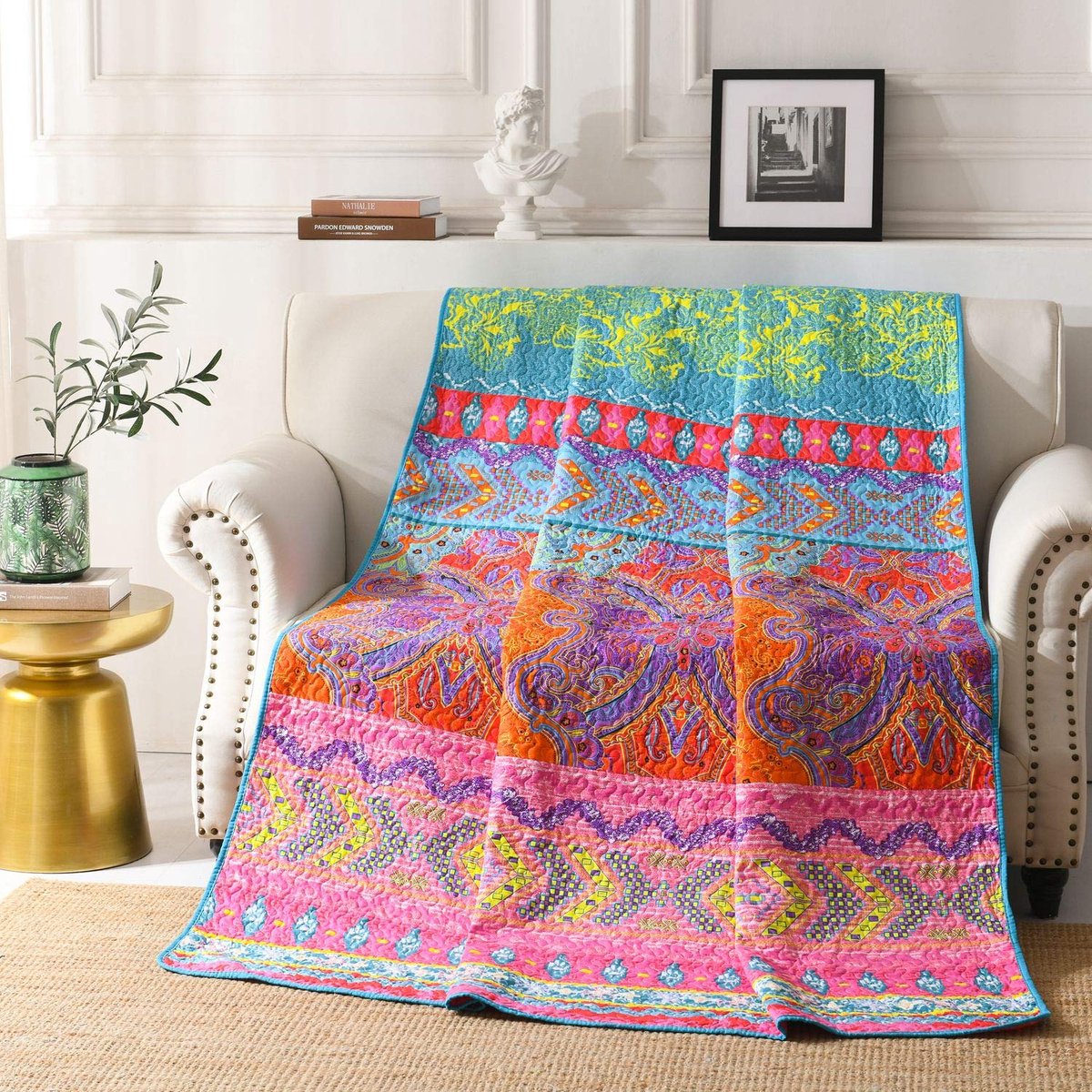 Eenpersoons dekbed 150 x 200 cm, boho gewatteerde sprei van microvezel, quilt, bankovertrek, licht en zacht (Boho3 - 150 x 200 cm)
