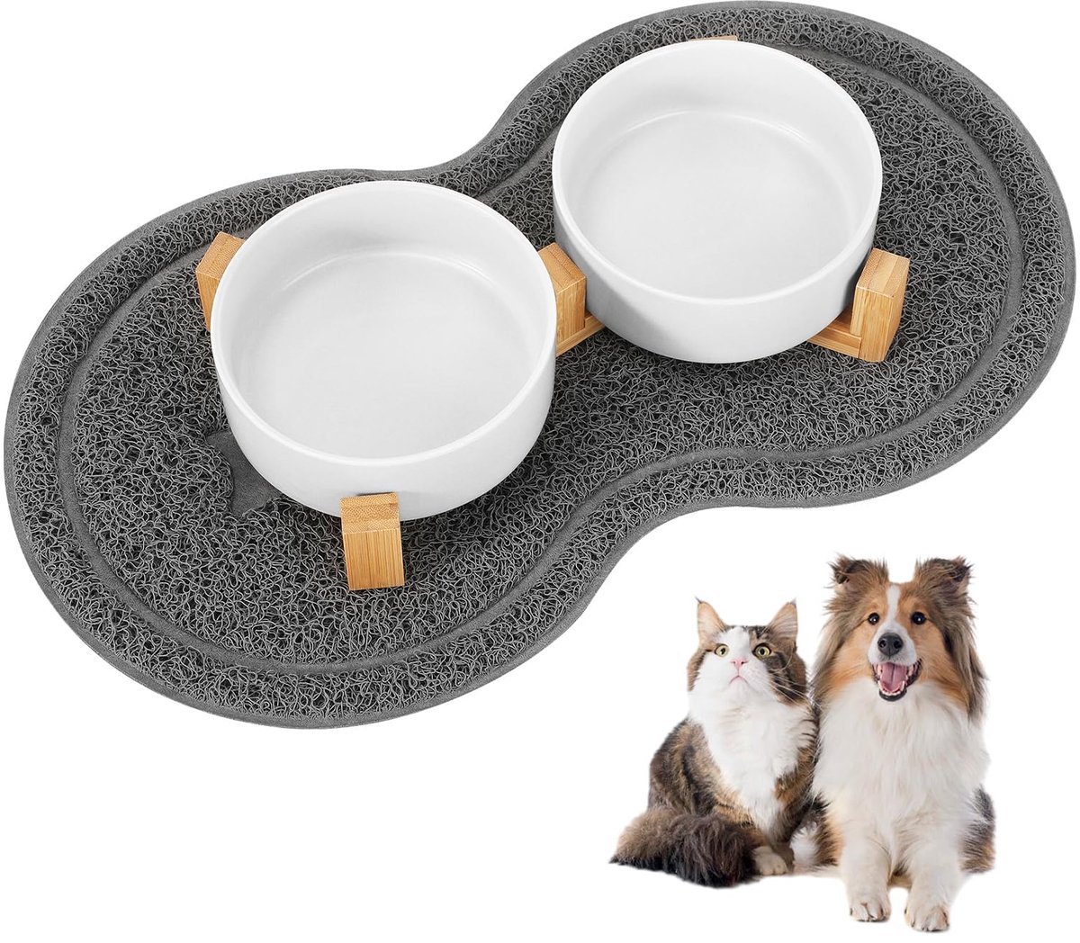 keramiek, 400 ml, dubbele voerbak, hondenbak, verhoogd met bamboestandaard en antislipmat voor kleine tot middelgrote honden, wit (wit)