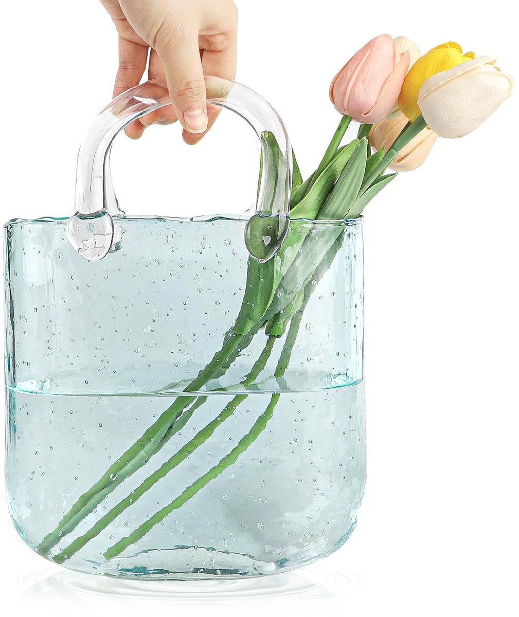 Vaas, Tas Glasvazen, Heldere Handgemaakte Vaas, Portemonnee Vaas, Creatieve Bubble Handtas Bloemenvaas (Blauw)