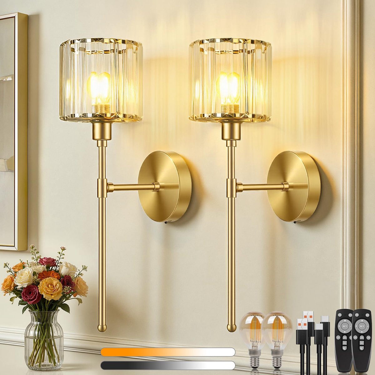 oplaadbaar draadloos, 2 stuks Kristal moderne wandlampen in zwart, 3 kleurtemperaturen dimbaar, afstandsbediening - voor slaapkamer woonkamer hal badkamer