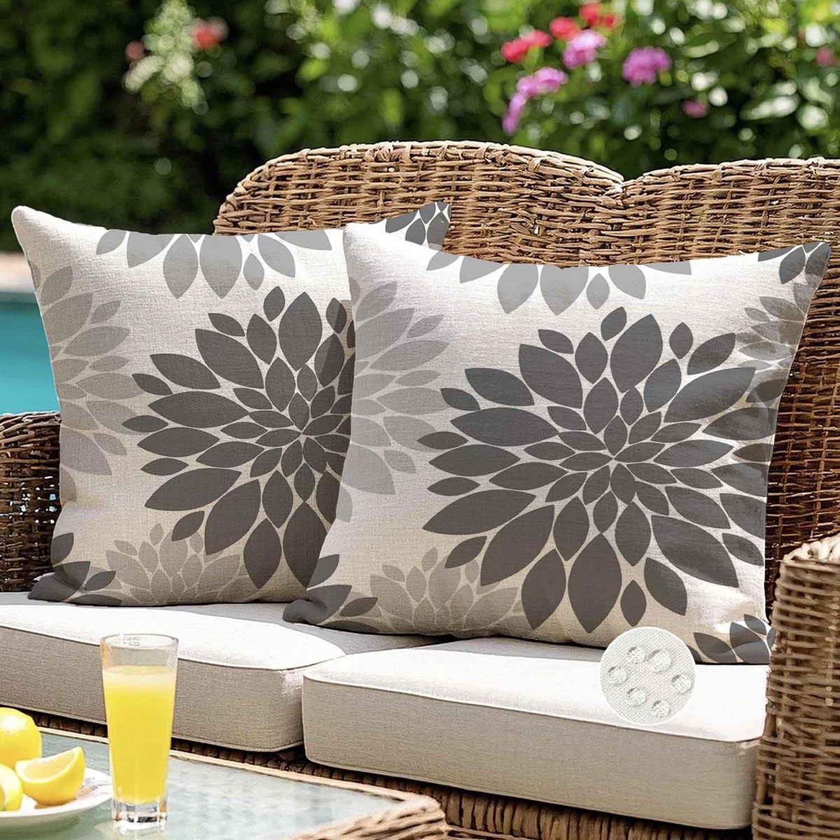Kussenhoezen voor buitenbank, waterdicht, 45 x 45 cm, grijs, abstract, dahlia, lente, vierkant, modern, decoratief, voor bank, tuin, slaapkamer, set van 2