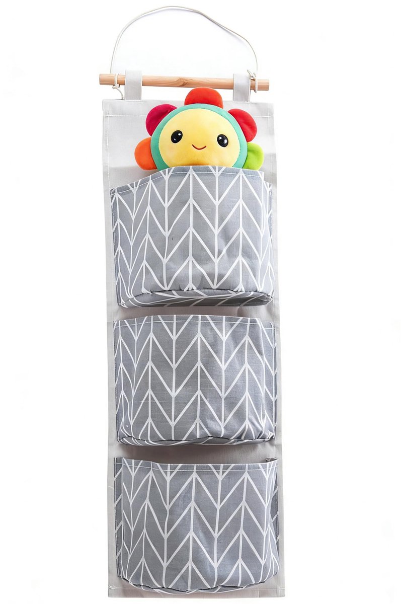 Opbergtas Met Zakken, 3 Vakken Organizer Praktische Meerlagige Wandophangtas Katoenen Linnen Muur Deur Opknoping Tas Om Over De Deur Te Hangen (Grijs geometrisch patroon)