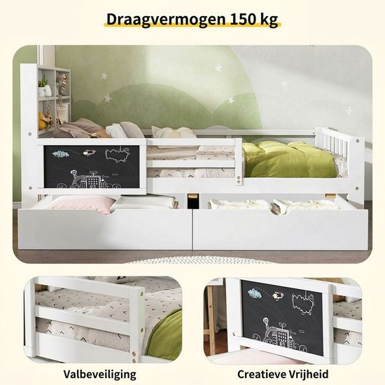 Drie details van een wit kinderbed: een close-up van de veiligheidsreling, een krijtbord met tekening en de tekst 'Draagvermogen 150 kg'.