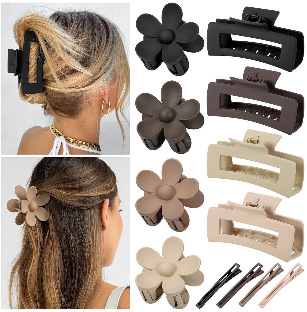 Dailygoods- Haarclip Antislip - 4 Stuks Bloemvormige Haarclips - 4 Stuks Rechthoekige Haarspelden - Hoogwaardig Kunststof - Geschikt voor Dames en Meisjes - Haarklem