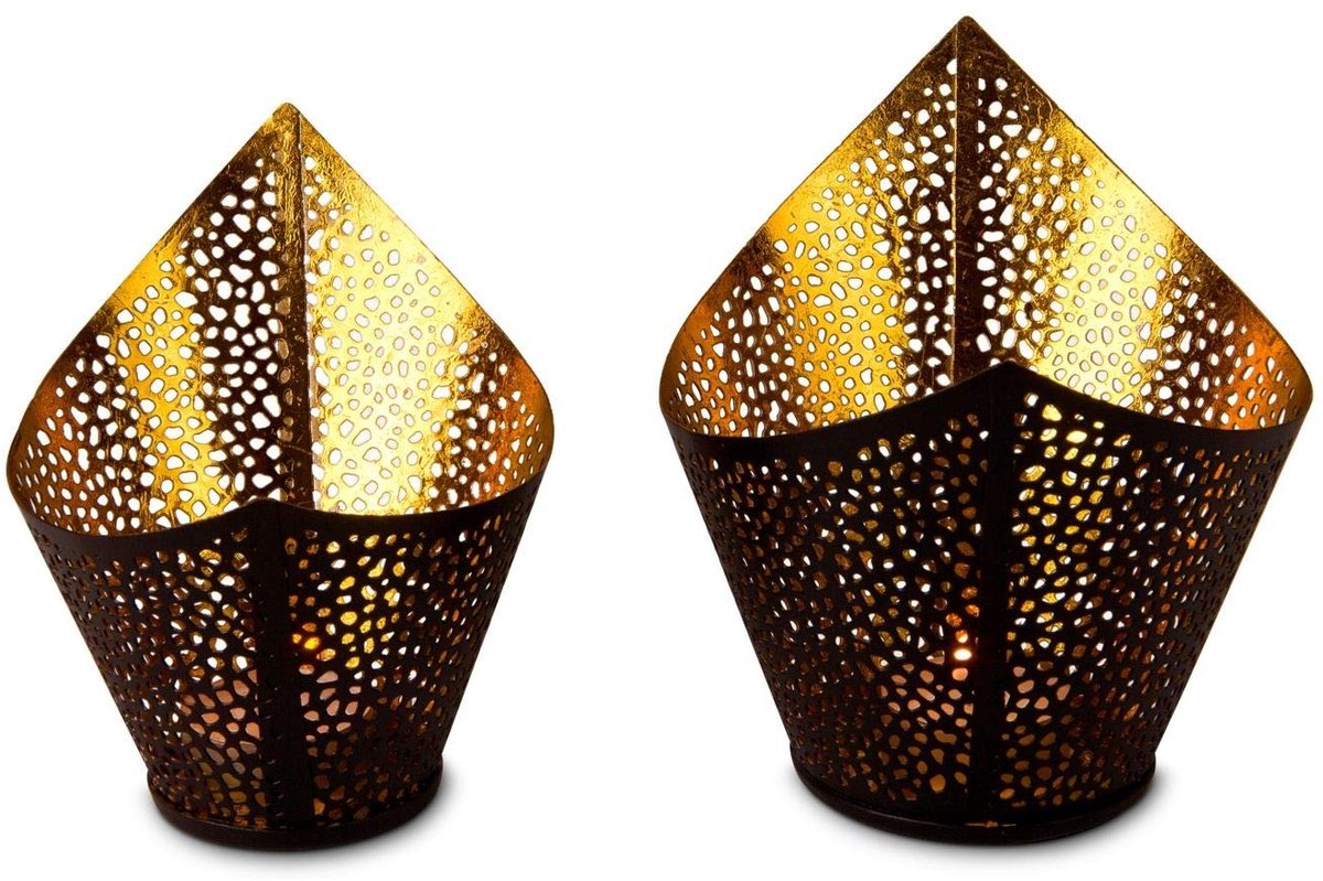 Dailygoods- Theelichthouder Set van 2 - Donkerbruin/Goud - Geschikt voor Maxi-Theelichtjes - Gebogen Design - Gezellige Stemming - Perfect voor Feestdagen - Kaarsenhouder