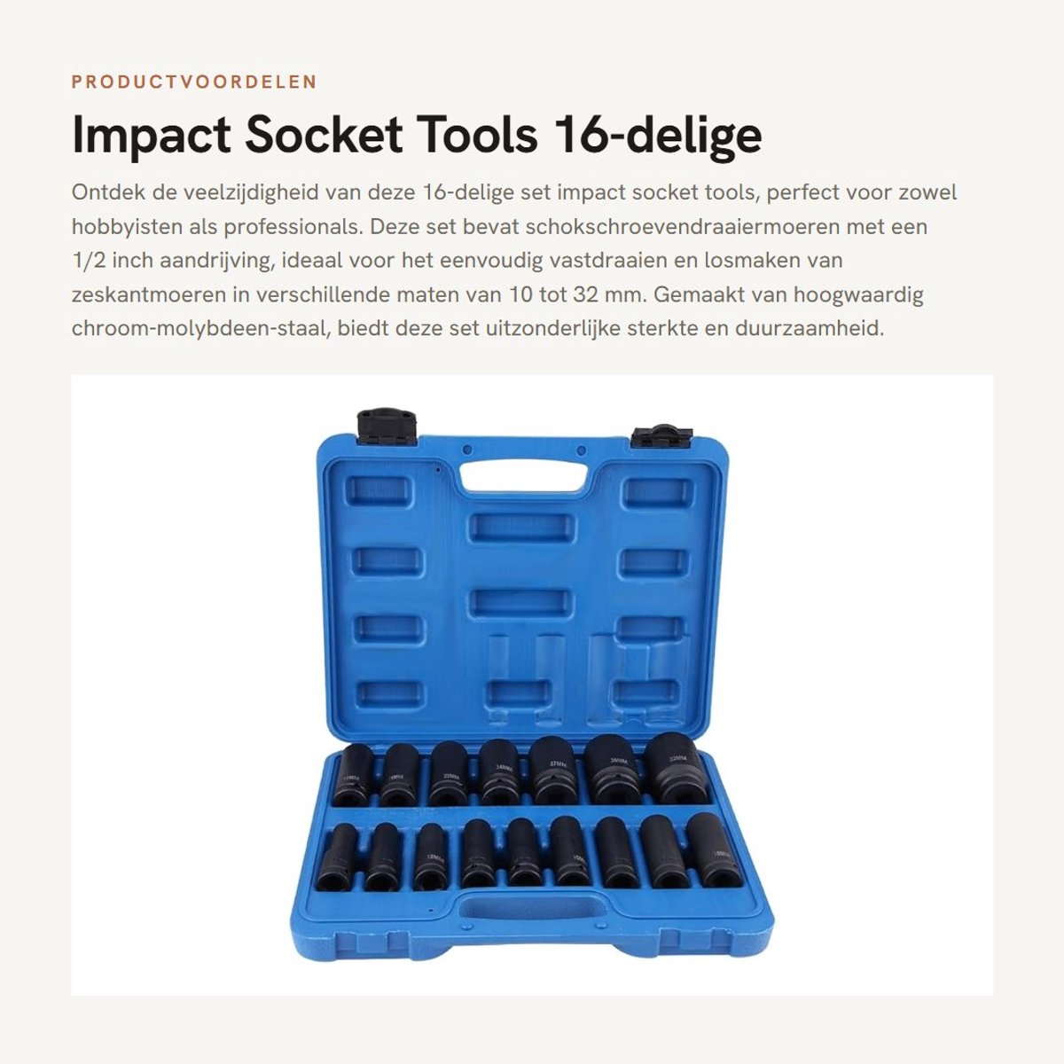 Dailygoods- Schokschroevendraaiermoeren set 16-delig - 1/2 inch aandrijving - Zeskantmoeren 10-32mm - Chroom-molybdeen-staal - Opbergdoos inbegrepen - Moersleutelset