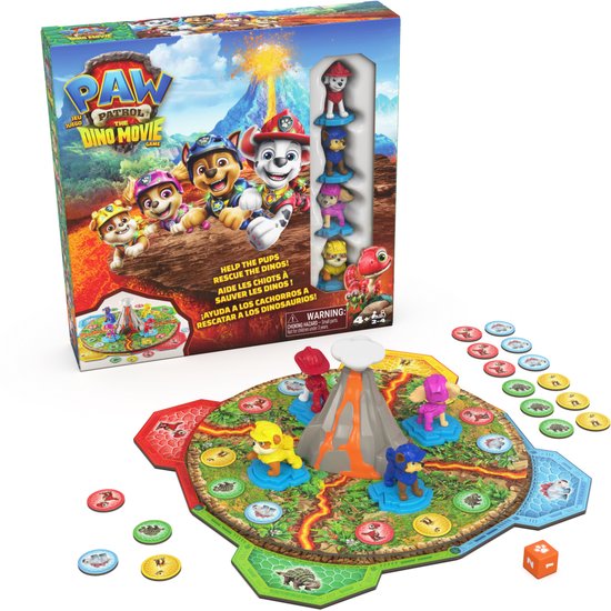 PAW Patrol Dino Movie bordspel met doos, vulkaan en gekleurde dino-fiches op een zwarte achtergrond.