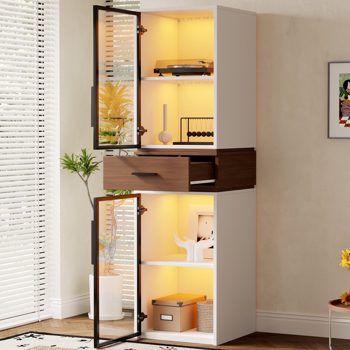 Zubaliya Vitrinekast - 40x40x200 cm wit/walnoot - LED-meerkleurig - 2 geharde glazen deuren - 1 la