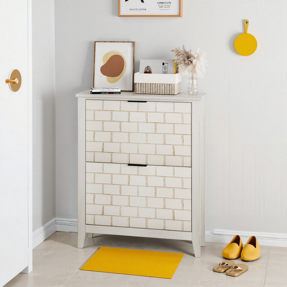Vintage schoenenkast met 2 kleplades - 80 cm wit - Handgepolijst, landelijk design met ruitpatroon en zwarte metalen grepen - Uitneembare tussenwanden, open onderste compartiment, massief houten poten, kantelbeveiliging - Geschikt voor hal