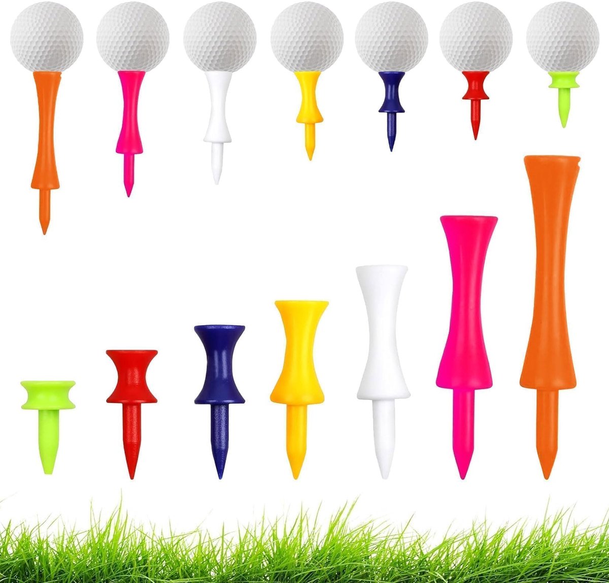 105 stuks kunststof golfteeset, herbruikbare plastic castle thee voor golfers, kort en lang, 7 kleuren in 25/31/37/43/51/59/70 mm