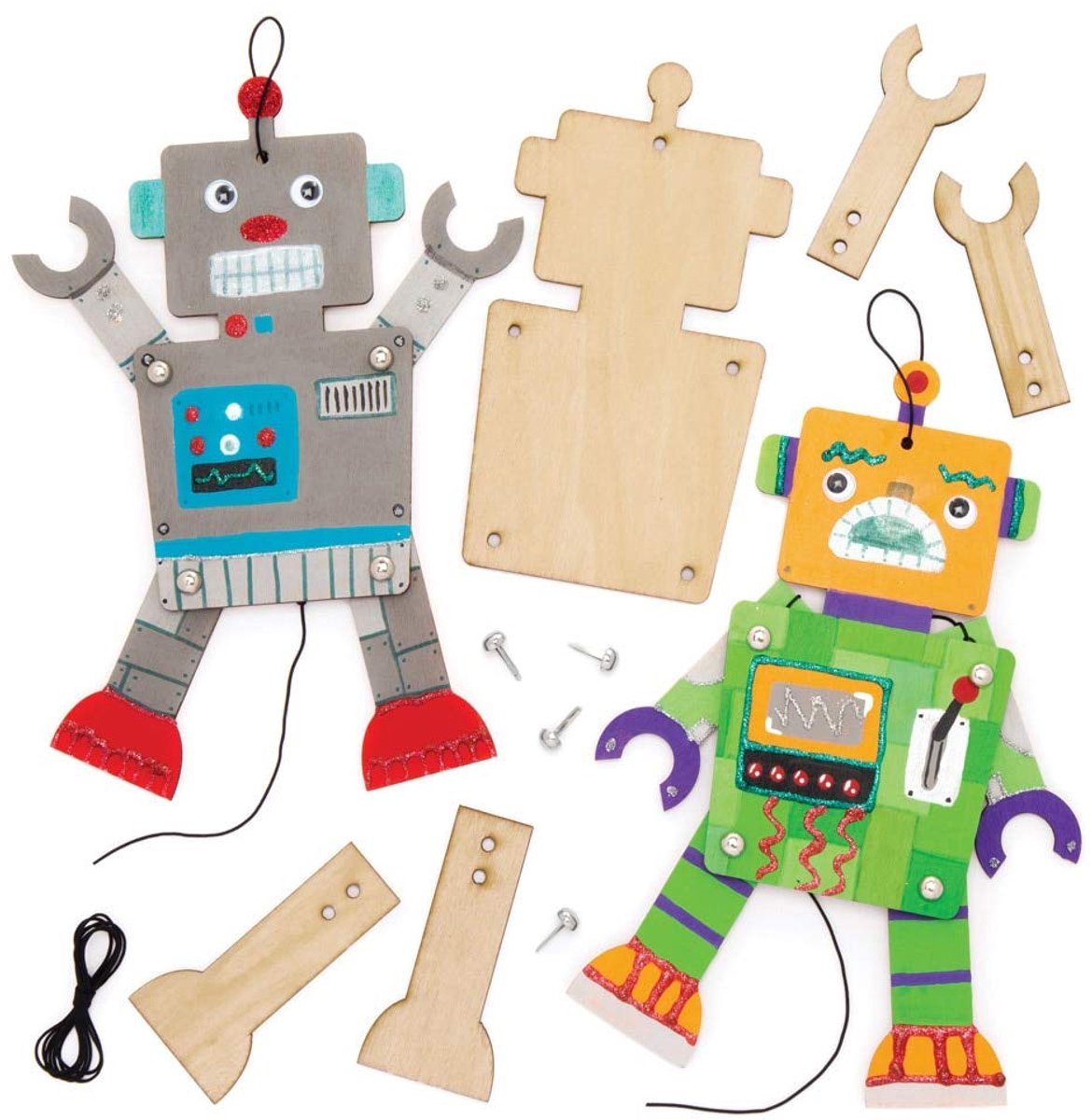 Knutselsets houten figuren "Roboter" (4 stuks) – beweegbare pop met beweegbare armen en benen voor kinderen om vorm te geven