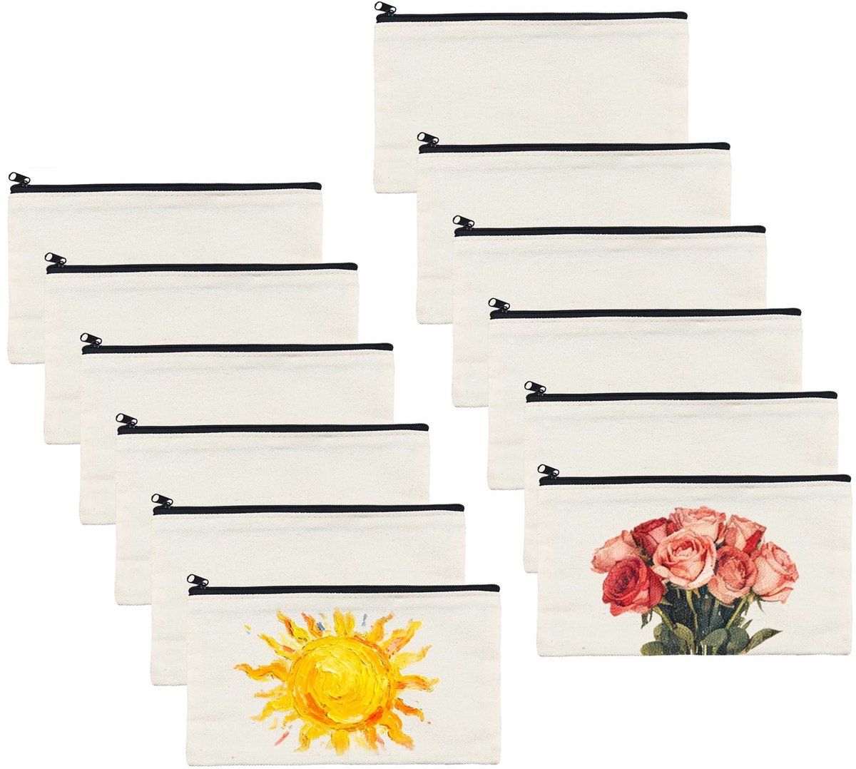 12 stuks DIY lege stoffen tassen, cosmetica-tas met ritssluiting, kleine tassen om te beschilderen, etui, stoffen tas om te beschilderen, 20,8x12CM kleine tassen voor knutselen, school en
