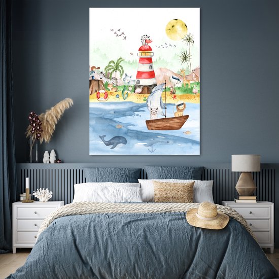 Poster kinderen - Wanddecoratie jongens - Strand - Dieren - Kinderen - Vuurtoren - Poster kinderkamer - 120x160 cm - Decoratie kinderkamers - Kinderkamer decoratie - Poster Babykamer — afbeelding 4
