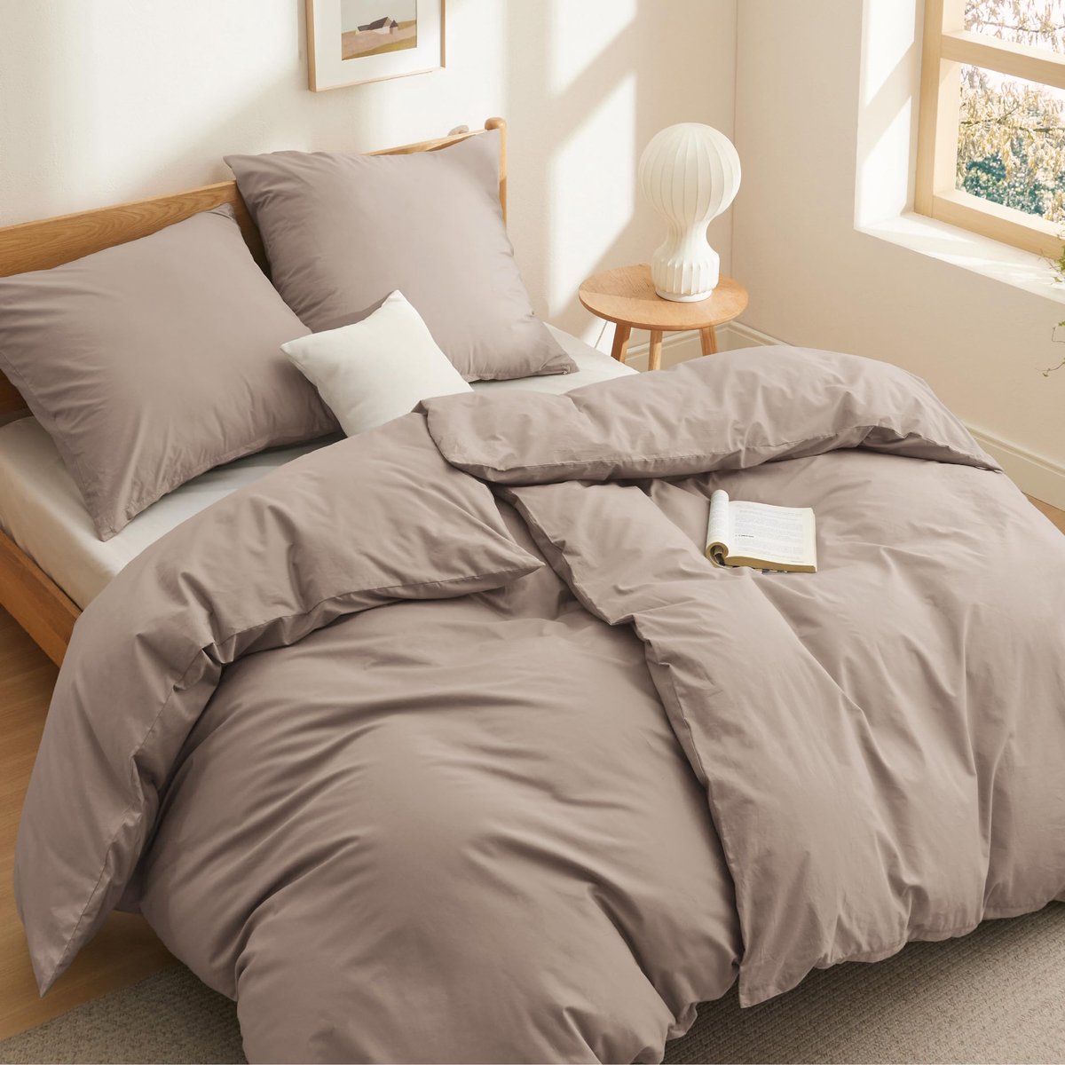 Beddengoed 135 x 200 cm, katoen, kaki, beddengoedsets 135 x 200 cm, dekbedovertrek, 2-delig, met kussensloop 80 x 80 cm, Oeko-Tex-beddengoed, taupe met ritssluiting
