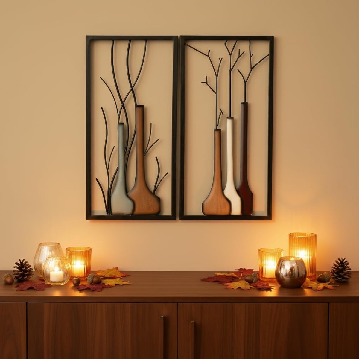 2-delige 3D-wandafbeeldingenset, vaas, elk 80 cm, zwart-bruin, herfstdecoratie, handbeschilderd, metalen afbeelding, wandreliëf, voor keuken, beige, 80 x 40 cm, 2024 Premium Edition