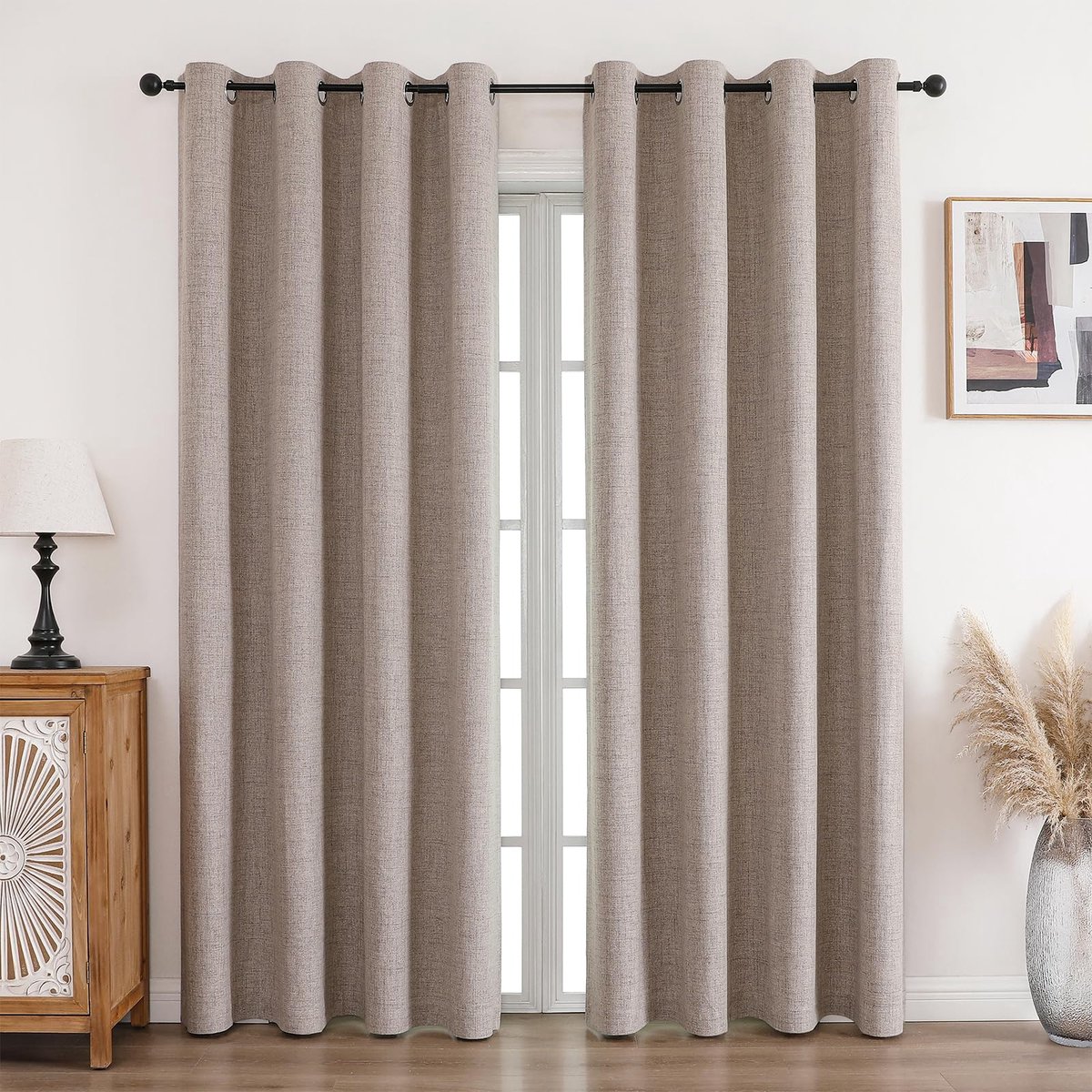 Gordijnen, 100% ondoorzichtig, linnen, met inslagringen, verduisteringsgordijnen, linnen, 214 x 132 cm (h x b), set van 2, thermogordijn, koudebescherming, geluidsisolatie, gordijn voor