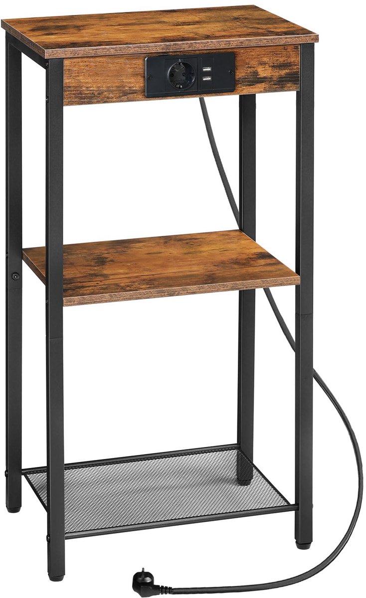 Hoge bijzettafel met laadstation, 3-traps telefoontafel, kleine entreetafel, hoog nachtkastje voor woonkamer, slaapkamer, hal, vintage bruin EBF09CDH01
