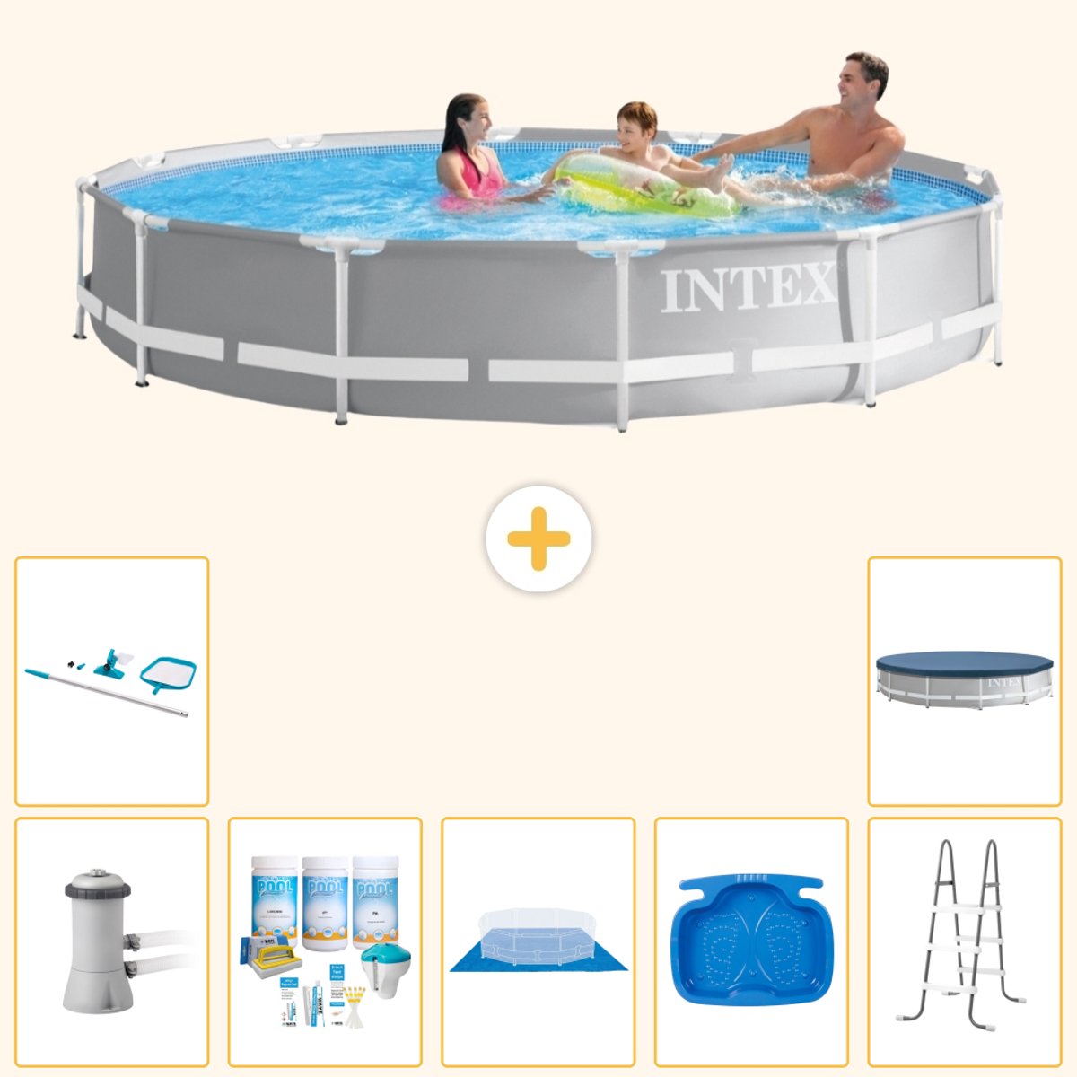 Intex Rond Prism Frame Zwembad - 366 x 76 cm - Grijs - Inclusief Pomp - Onderhoudspakket - Grondzeil - Voetenbad - Ladder - Schoonmaakset - Afdekzeil - 8-delig