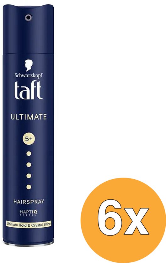 Donkerblauwe spuitbus Taft Ultimate Haarspray met 6x aanduiding in gele cirkel. Met logo, 'ULTIMATE' en 'HAIRSPRAY HOLD 5+'