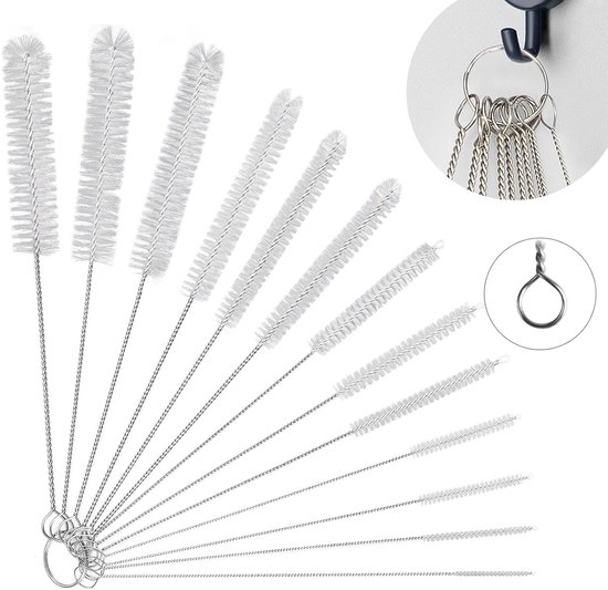 Borstels 13-delig, 21 cm Nylonborstel, Mini RVS Borstel, voor Flessen, Rietjes, Babyflessen, Bekers, Buizen, Koffiemachines - Wit — afbeelding 3