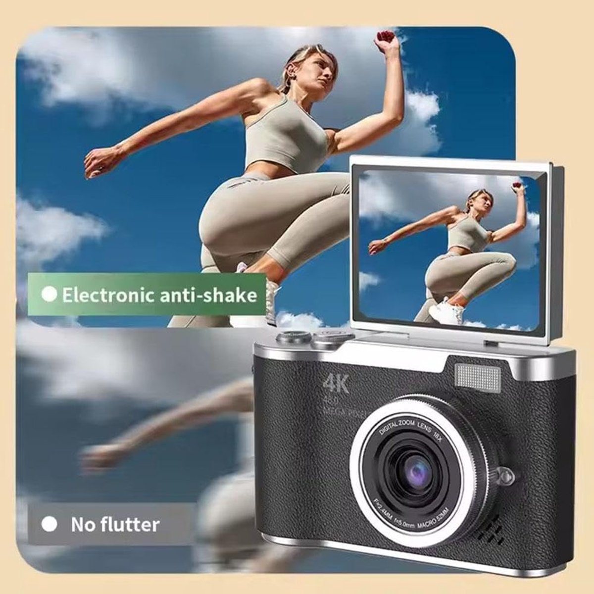 4K Digitale Camera voor Foto's – 48 MP met Kantelbaar Scherm, Draagbare Retrocamera met Kantelbaar Scherm, Selfiecamera met 8x Zoom, Vlogcamera – Camera voor Kinderen en Volwassenen, Compacte Retrocamera voor Buitengebruik (Geel, 1 Set) thumbnail 5