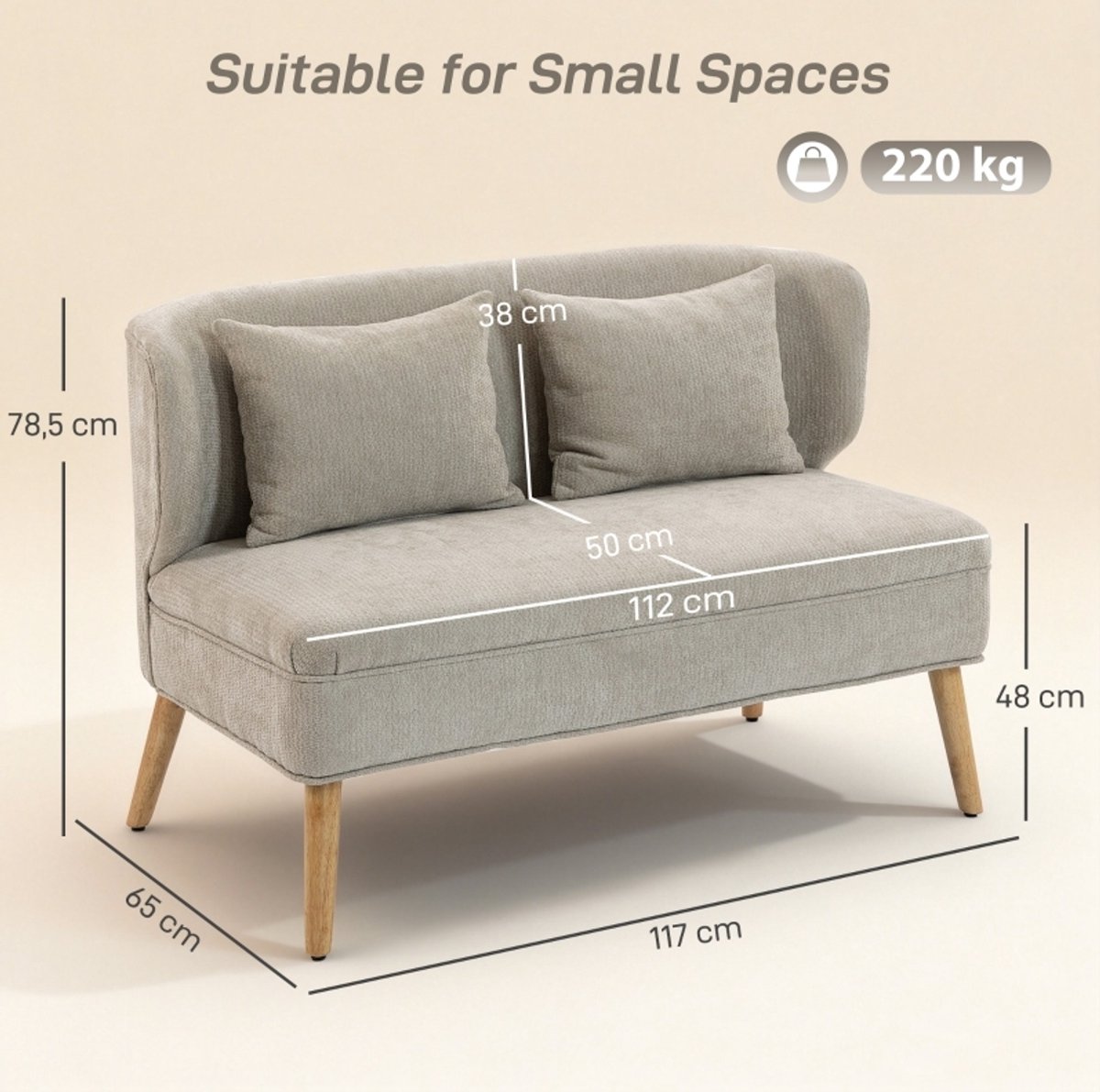 MIVRAY 2-Zitsbank 117 Cm - Compacte Chenille Bank Met Wingback Rug En Dikke Zit - Voor Kleine Ruimtes - Hout - Beige