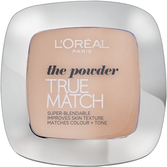 L'Oréal Paris True Match poeder in compact met zilveren rand. Toont de tekst 'the powder TRUE MATCH'.