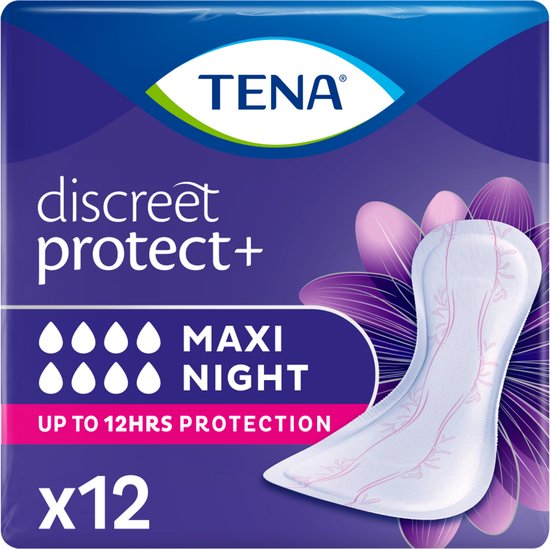 Tena Discreet Maxi Night in paarse verpakking met opdruk van een bloem en een maandverband. 12 stuks.
