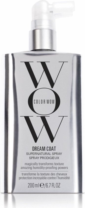Voorzijde van de zilverkleurige fles van Color Wow Dream Coat Supernatural Spray.