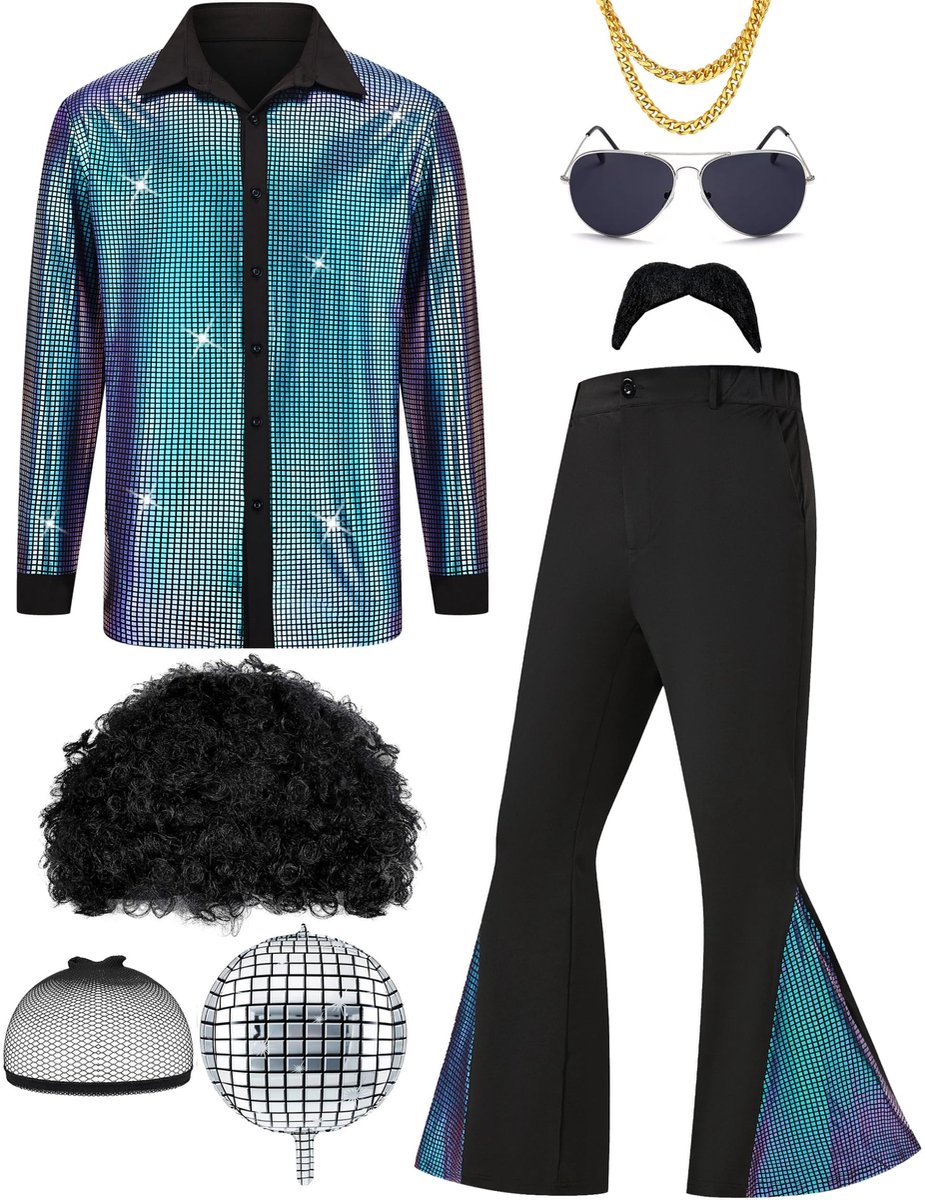 Dailygoods- Discokostuum 70s set - Retro Kostuum - Carnaval Kostuum - Heren Kostuum - Feestoutfit - Inclusief accessoires - Carnavalskostuum