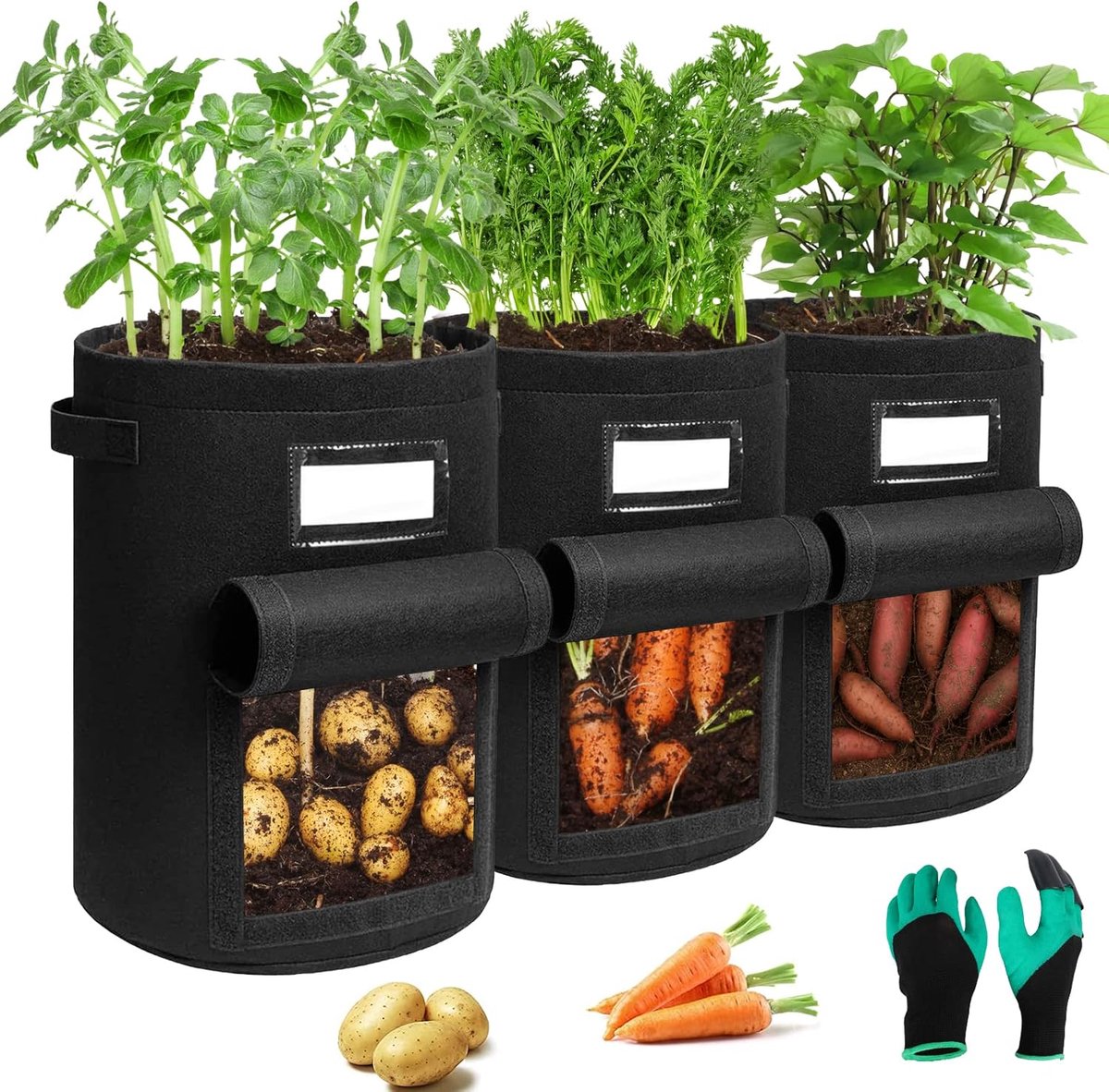 13 gallon tuin plantenzakken: 3 stuks vilten aardappelzak met tuinhandschoenen voor tomaten, aardappelen, planten
