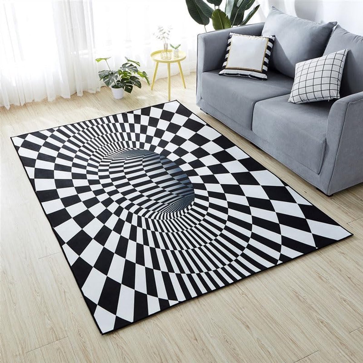 3D illusie tapijt antislip vloerkleed moderne minimalistisch tapijt mat vloermat zwart wit tapijten voor slaapkamer woonkamer kantoor abstracte driedimensionale rechthoek polyester 3D swirl tapijt(80x