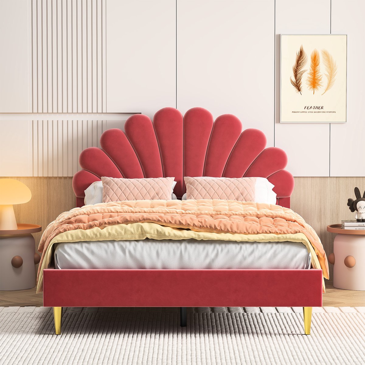 Tweepersoonsbed 140x200 cm, volwassen bed met bloemvormig hoofdbord, bedframe met lattenbodem, fluweel bordeaux, zonder matras