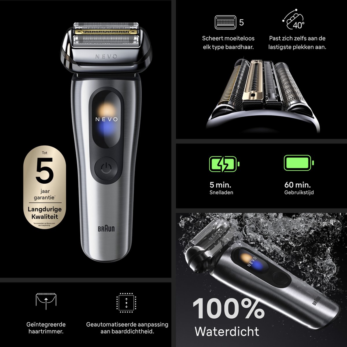 Braun NEVO Elektrisch Scheerapparaat - met AeroTouch-technologie - Smart display - Inclusief 7in1 NEVO Care System - Reisetui met Stroomvoorziening - NEVO17000C - Zilver - Scheerapparaat voor Mannen thumbnail 3