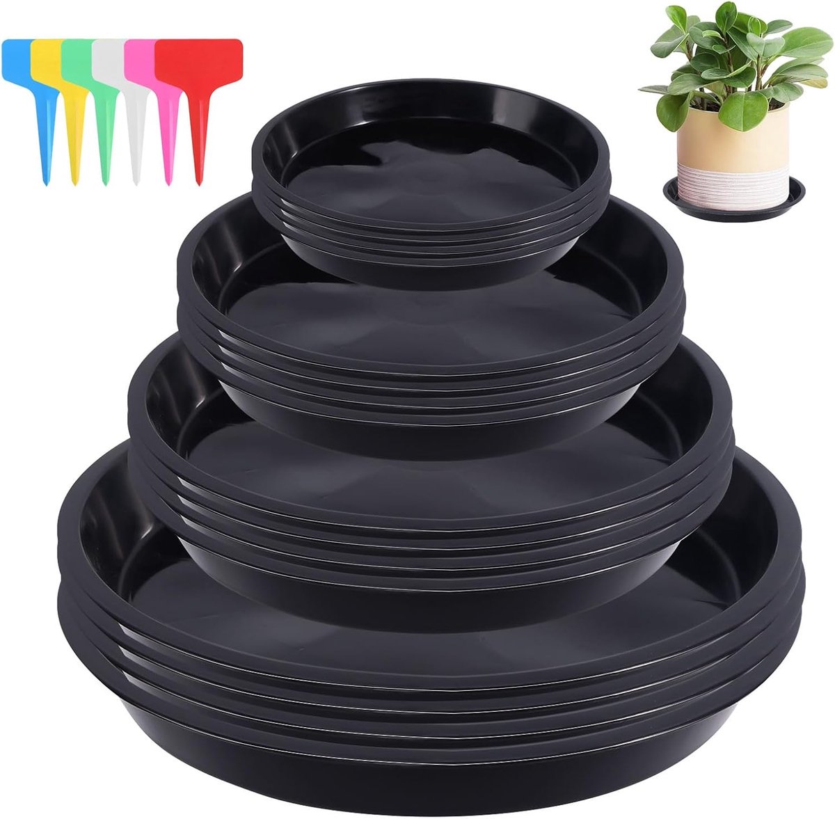 Onderzetters, plastic plantenonderzetters, bloempot, bloemenonderzetters, rond, met 18 stuks etiket, plantenonderzetters, ronde bloemenonderzetter voor binnen en buitenplanten