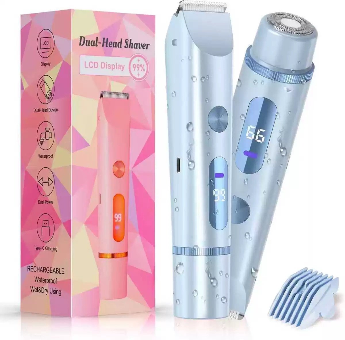 2 In 1 Ladyshaves voor vrouwen - Bikinitrimmer voor vrouwen - Elektrisch Scheerapparaat - Met lcd scherm - Waterdicht en oplaadbaar via USB - Comfortabel En Pijnloos Scheren - Voor Lichaam En Gevoelige Zones - Blauw