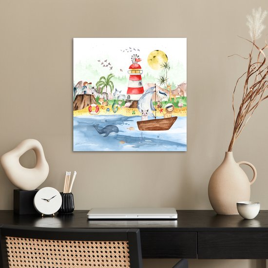 Poster kinderen - Wanddecoratie jongens - Strand - Dieren - Kinderen - Vuurtoren - Poster kinderkamer - 50x50 cm - Decoratie kinderkamers - Kinderkamer decoratie - Poster Babykamer — afbeelding 3