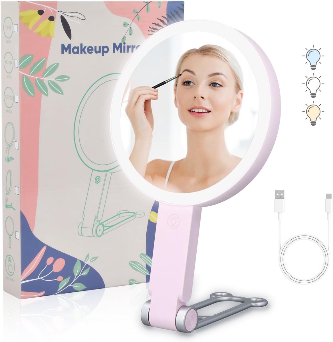 Make-upspiegel met verlichting, cosmeticaspiegel, 1/20-voudige vergrotingsspiegel met licht, dubbelzijdige tafelspiegel, reisspiegel, vergroting, cosmetica, make-upspiegel voor op reis, geschenken
