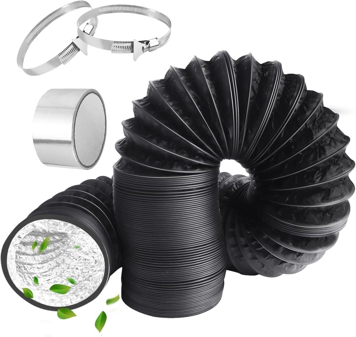 Flexibele Afvoerslang 80 mm, 3 m PVC Slang met RVS Slangklemmen en Aluminium Folietape voor Airconditioning, Wasdroger en Afzuigkap