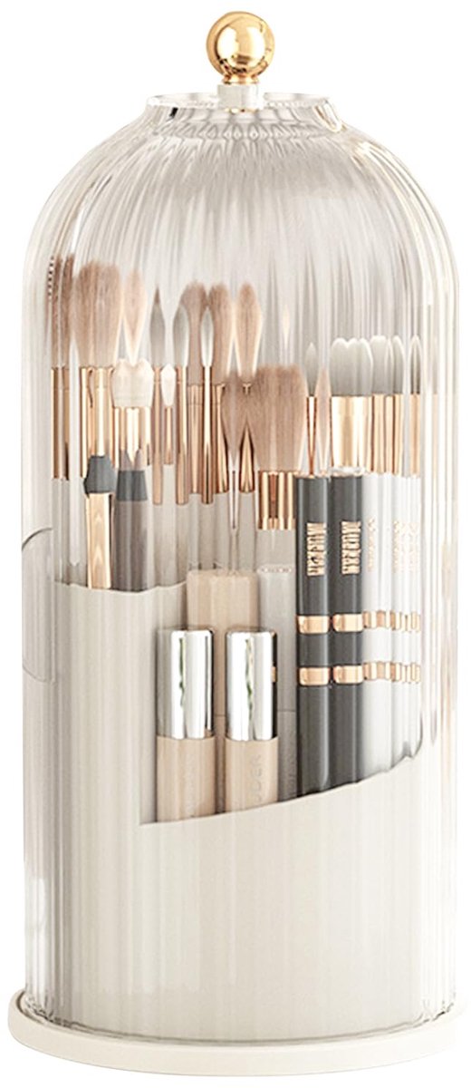 Make cosmetica-organizer, 360 graden draaibare borstelhouder, organizer, transparant, stofdicht, kwastorganizer met deksel voor tafel, badkamer, slaapkamer (transparant)