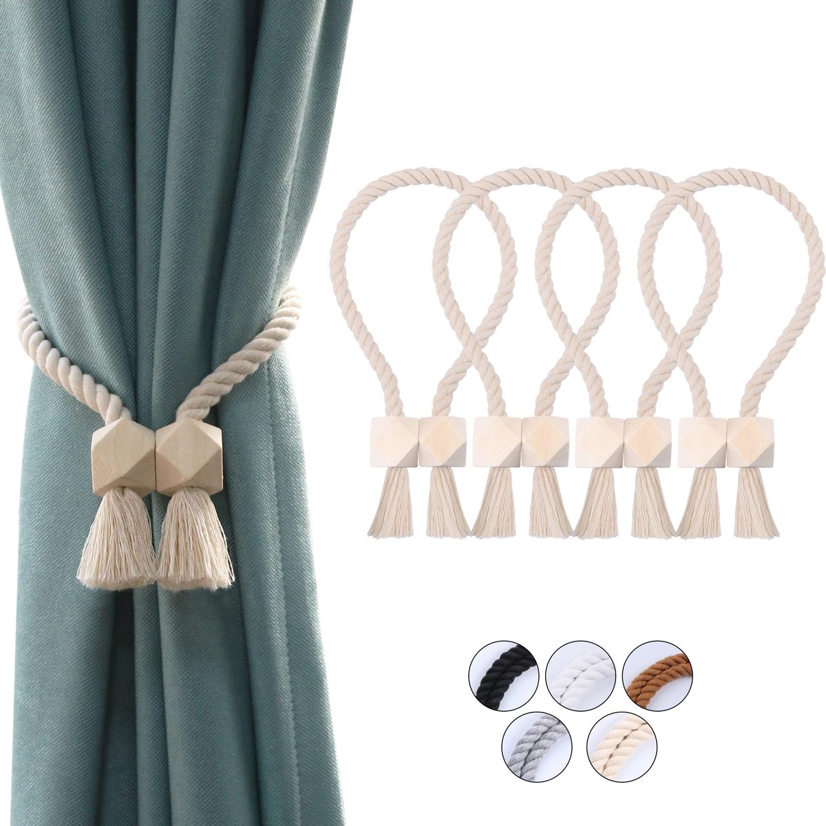 katoenen magnetische gordijnhouders met houten kralen, set van 4 stuks, geschikt voor binnen- en buitengordijnen, inclusief gordijnbinders, kleur beige