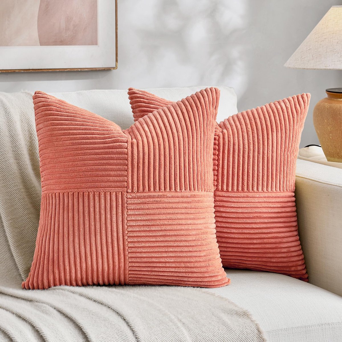 Set van 2 koraalrode corduroy kussenslopen 35x35CM zacht moderne decoratieve kussenslopen kussenhoes sierkussensloop bankkussen sierkussen boho decoratie voor bank slaapkamer woonkamer balkon