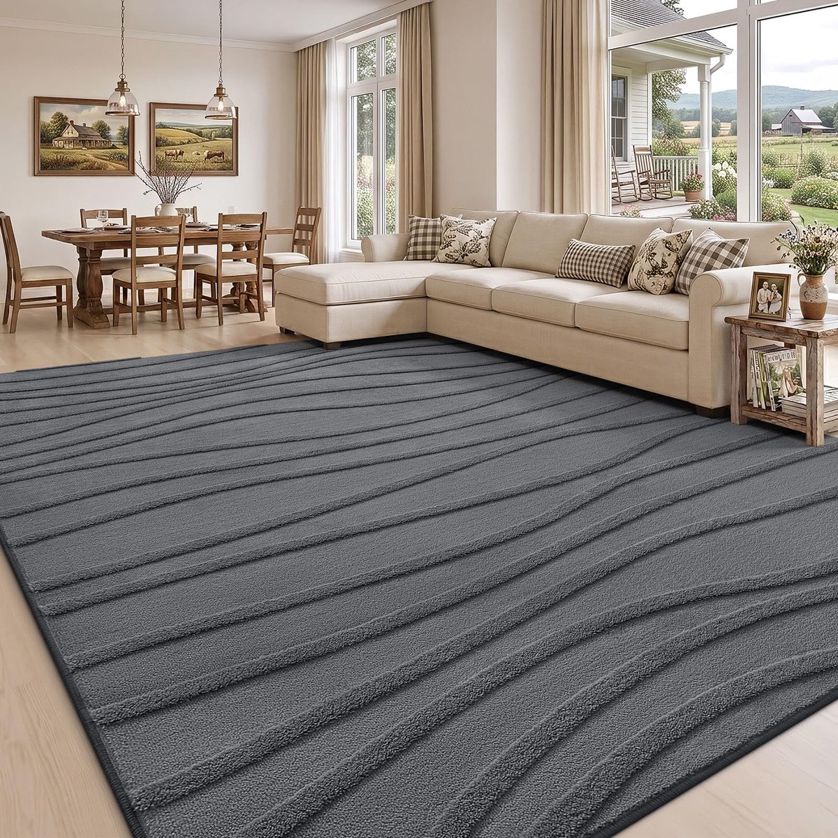 Modern hoogpolig tapijt met zachte pluche en golfpatroon voor slaapkamer, kinderen en huisdieren Donkergrijs 160 x 220 cm