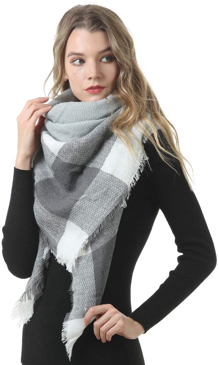 Winter Warme Sjaals Vrouwen Plaid Deken Sjaals voor Vrouwen Tartan Sjaal Dames Mode Winter Warm Tartan Geruite Sjaals en Wraps Met Kwastje 140 * 140 cm, Grijs, Eén maat