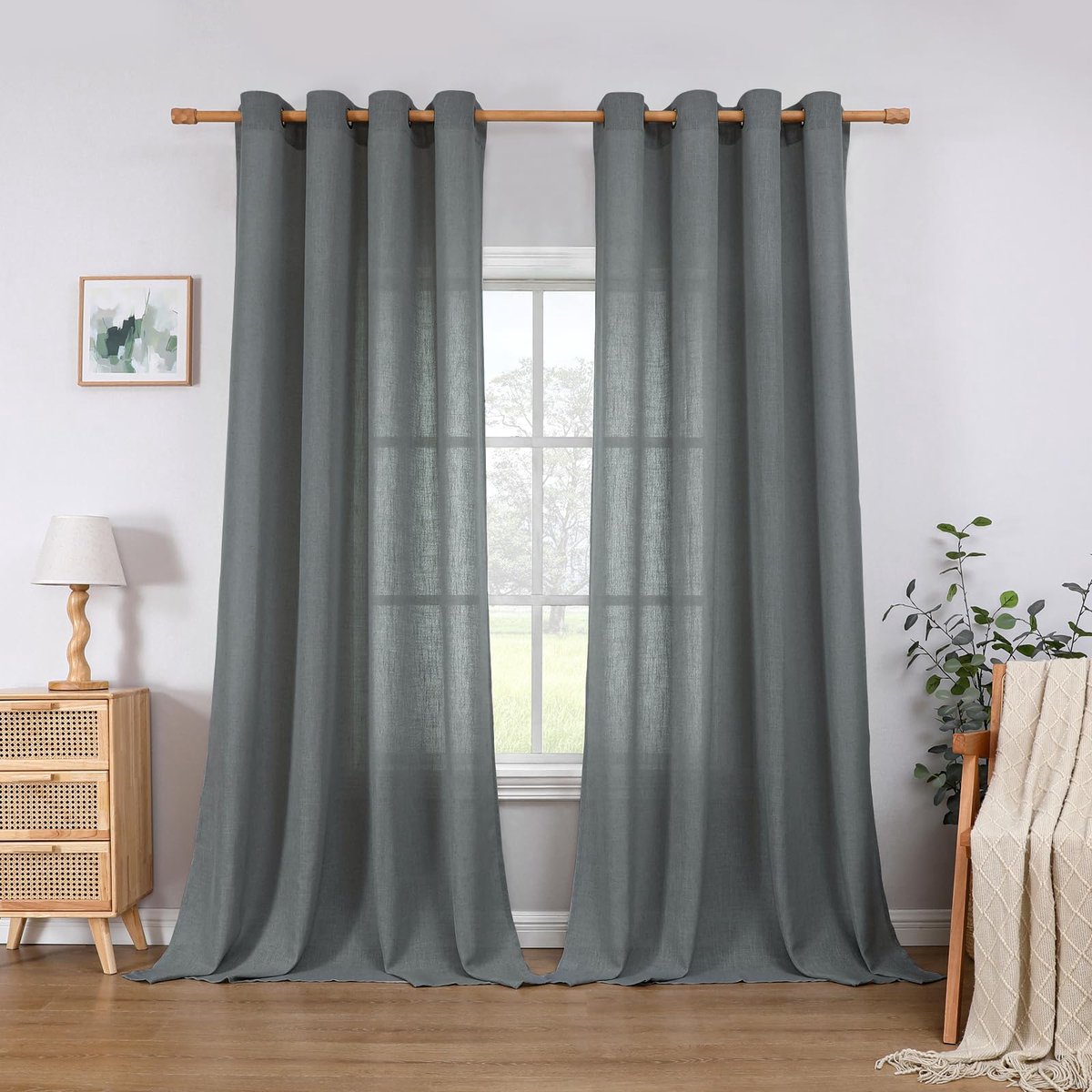 Linnen gordijnen met oogjes, landhuisstijl, voile gordijn, half-transparante gordijnen voor slaapkamer, kinderkamer, woonkamer, H 260 x B 140 cm, set van 2, grijs