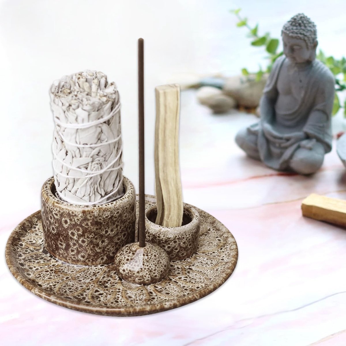 4-in-1 Incense Bowl voor Palo Santo en Witte Salie, Kerzenhouder en Asopvangbak voor Meditatie en Yoga, Aardetint Ceramiek Tray